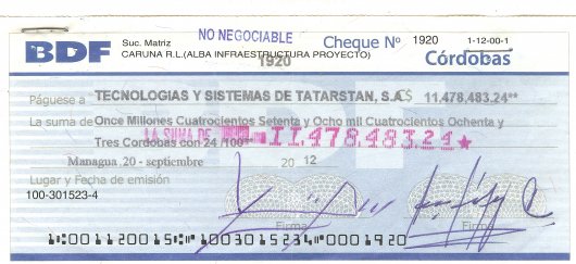 Foto: Después de un proceso que inició en agosto de 2012, el mismo Francisco López, vicepresidente de Albanisa y firma libradora de Caruna, autoriza el cheque a favor de Tectasa.