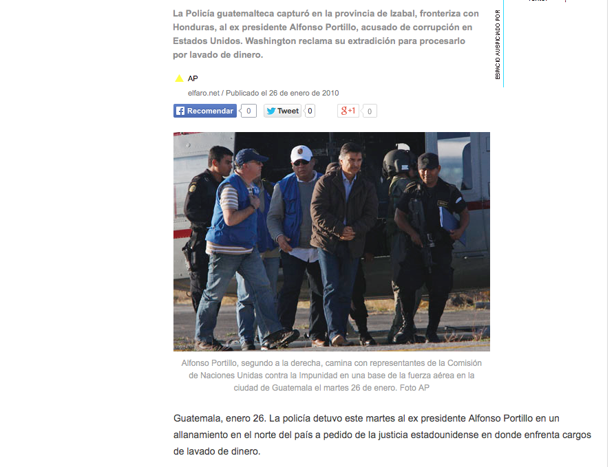 Publicación de la captura de Alfonso Portillo en Izabal en el medio digital El Faro. 