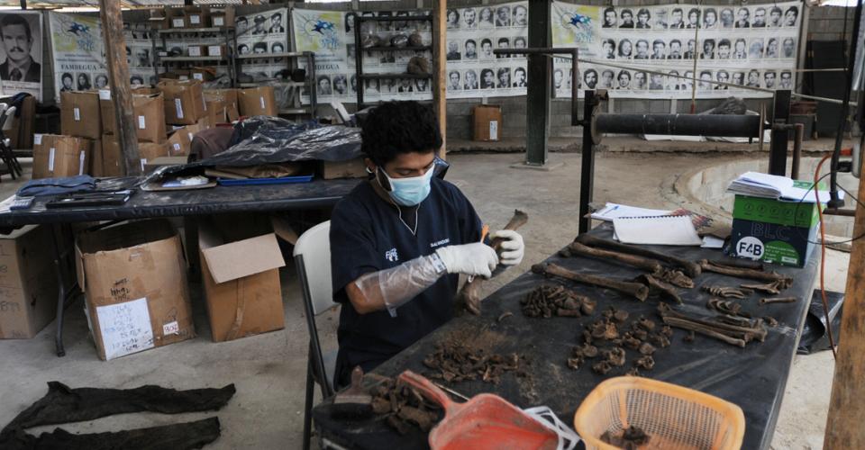 Un antropólogo limpia una osamenta. Atrás fotos de desaparecidos durante el conflicto armado.
